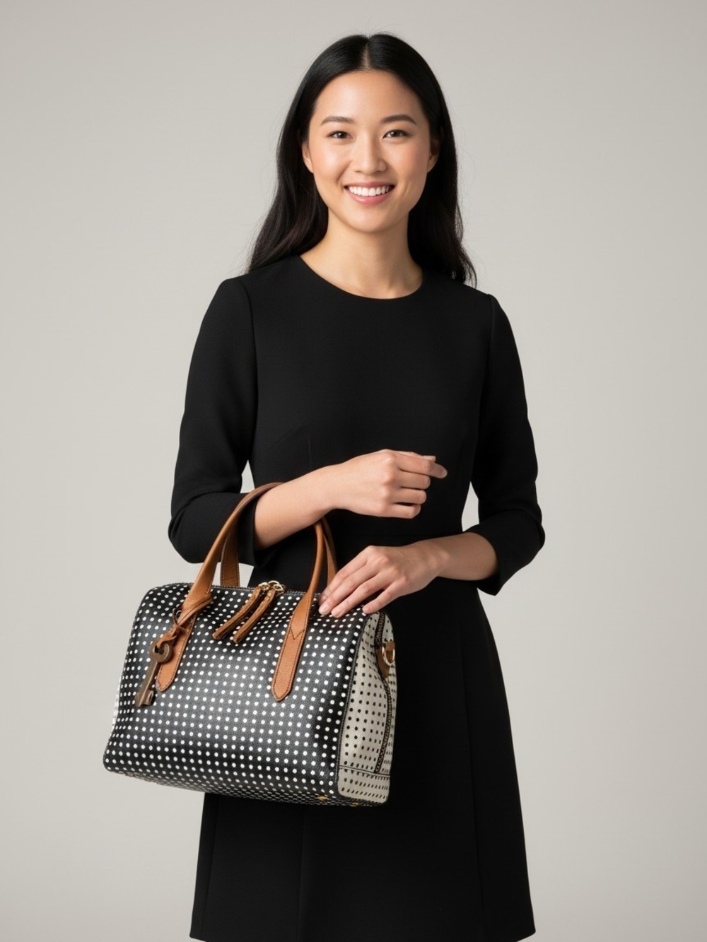 Fossil Black and White Polka Dot Satchel/Crossbody